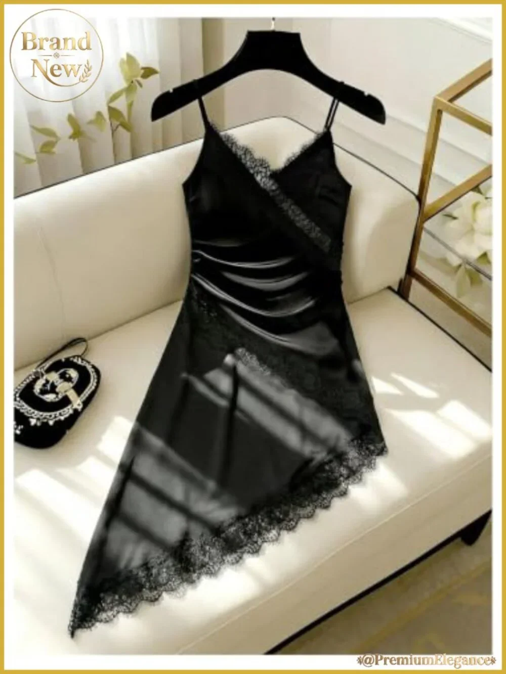 Elegant Satin Midi Slip Dress Lace Trim V Neck Asymmetrical Backless